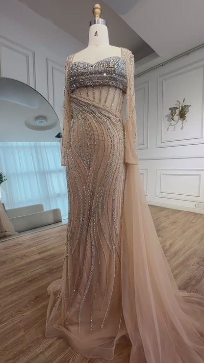 Luxury Nude Beaded Crystal Evening Dress with Overskirt LA72812