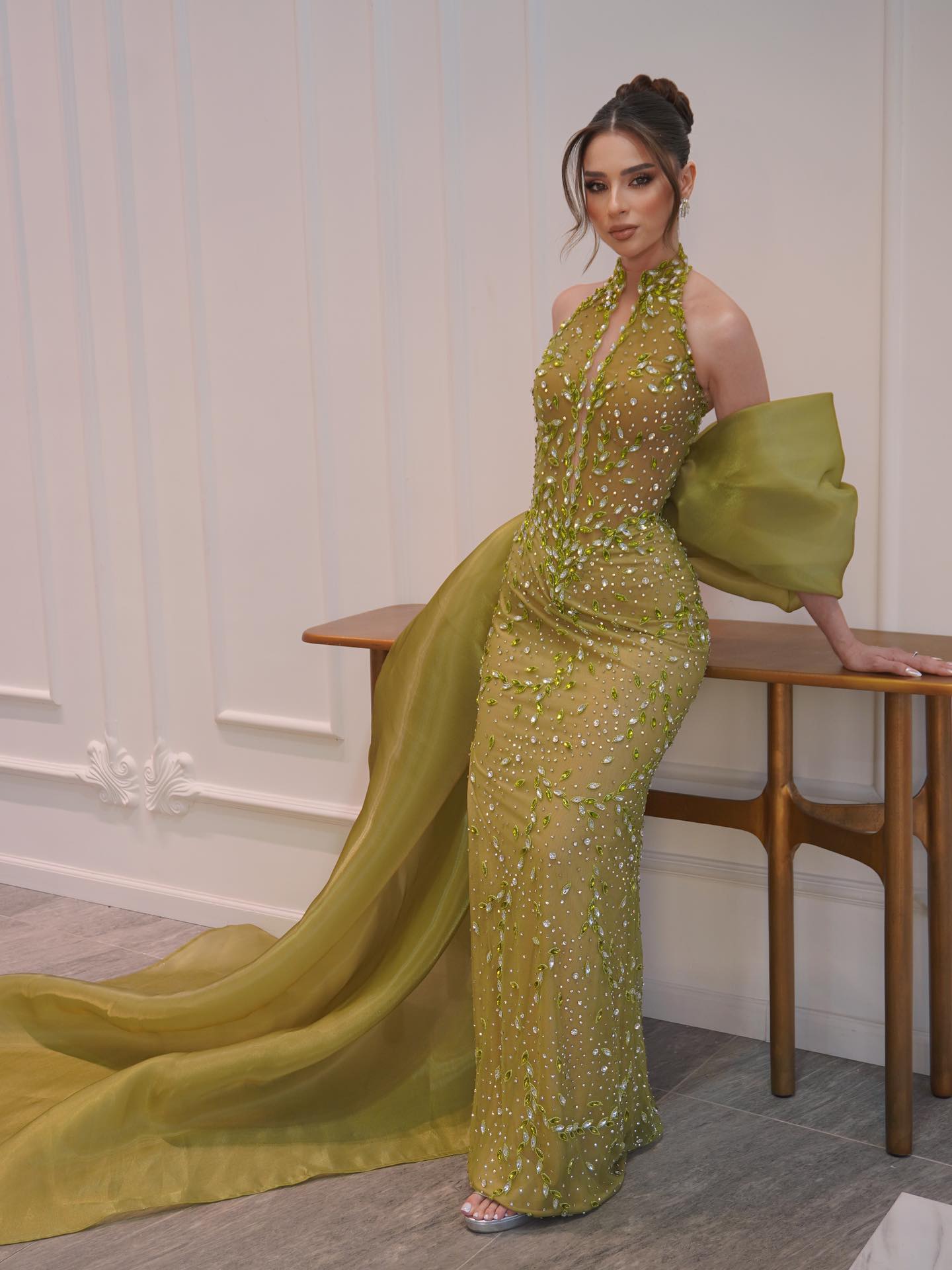 Luxury Lemon Beaded Halter Neck Mermaid Evening Dress with Overskirt LA73523