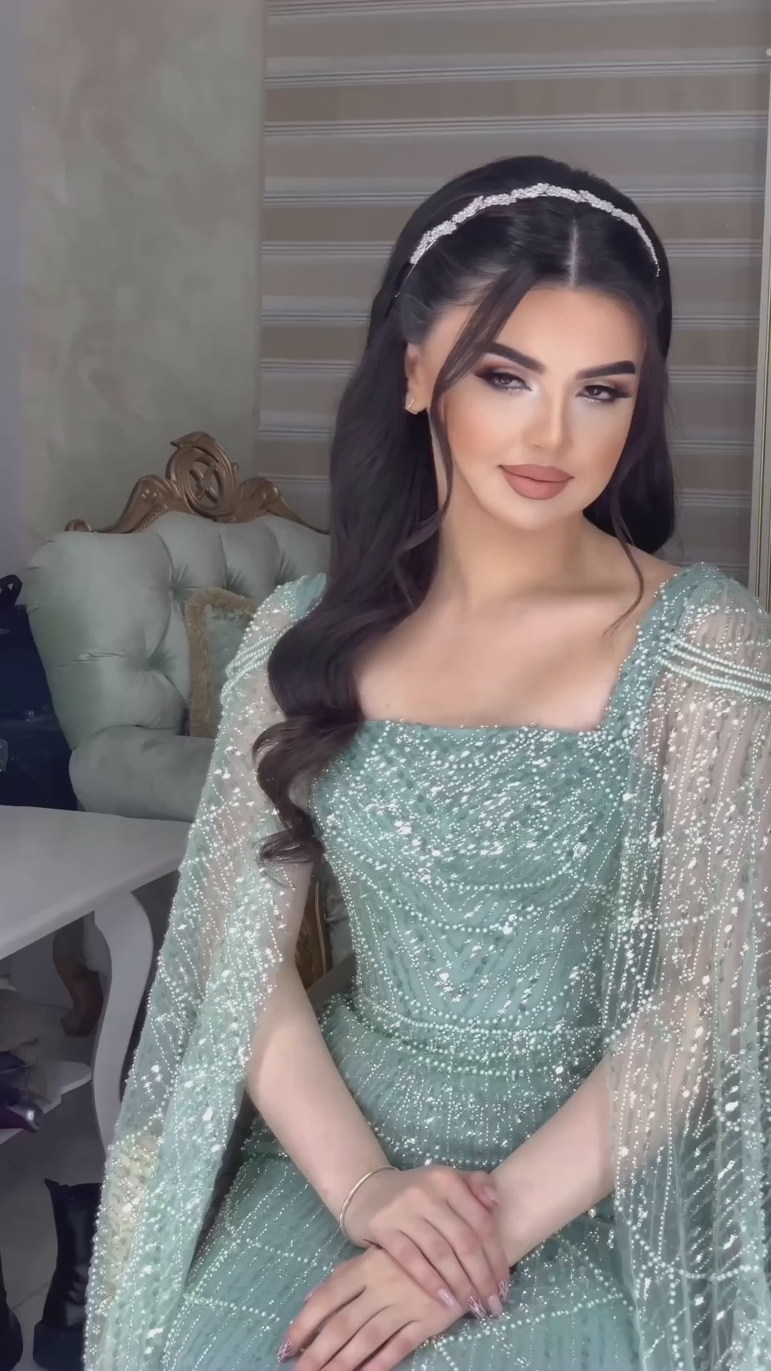 Luxury Turquoise Beaded Pearl Arabic Evening Dress with Cape Sleeves LA72590