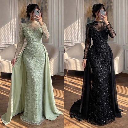 Luxury Sage Green Beaded Mermaid Dress with Overskirt LA73716