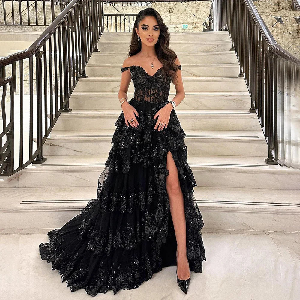 SERENE HILL A-Line/Princess Tulle Lace er Court Train Prom  Dress With Ruffles Sequins LA72586