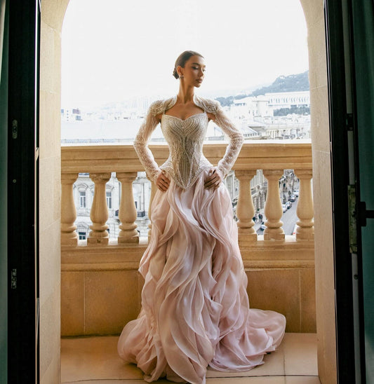 Luxury Arabic Corset A-line Long Sleeves Cape Evening Dress LA73603