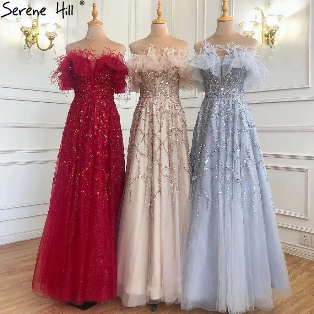 Luxury Turquoise Beaded Feather A Line Evening Dress LA71328