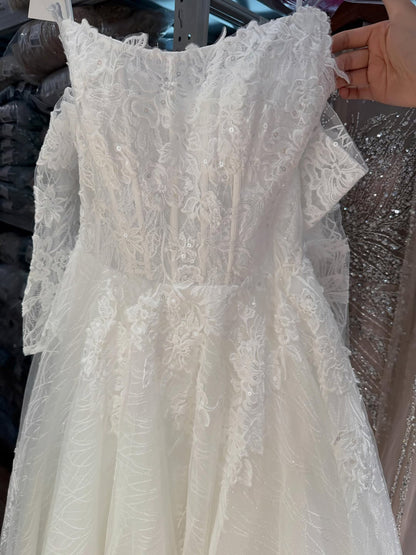 Luxury White Strapless Lace Corset Detachable Sleeve A Line Dress HA2536
