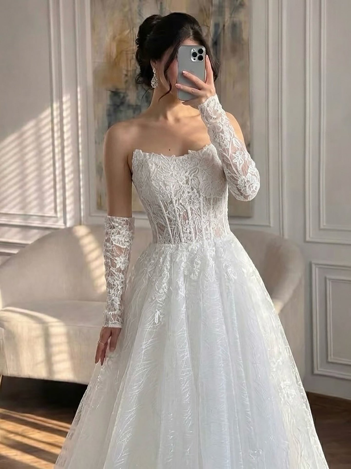 Luxury White Strapless Lace Corset Detachable Sleeve A Line Dress HA2536