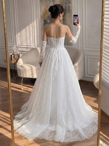 Luxury White Strapless Lace Corset Detachable Sleeve A Line Dress HA2536