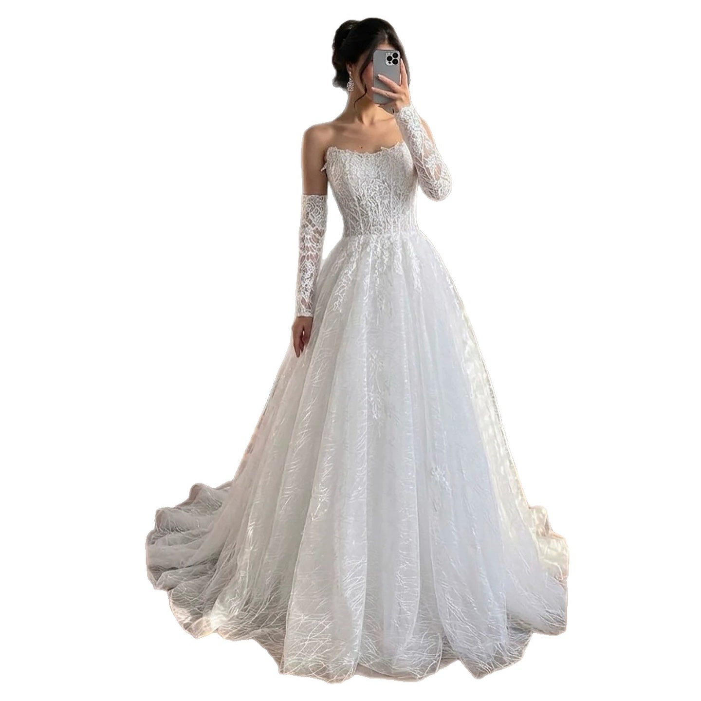Luxury White Strapless Lace Corset Detachable Sleeve A Line Dress HA2536