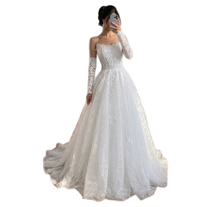 Luxury White Strapless Lace Corset Detachable Sleeve A Line Dress HA2536