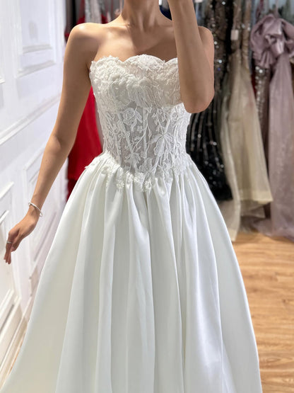Luxury White Strapless See Through Lace Corset Satin A Line Dress HA2537