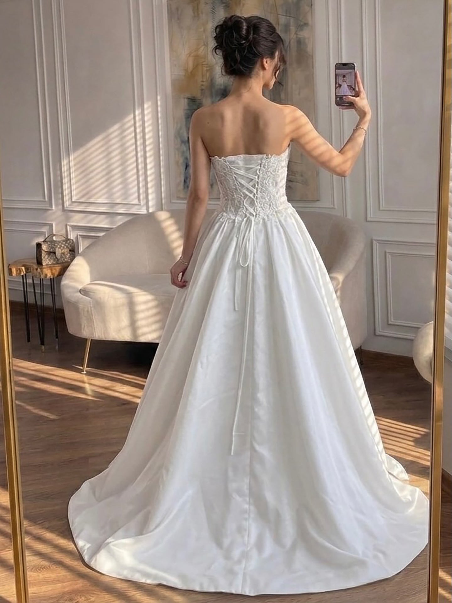 Luxury White Strapless See Through Lace Corset Satin A Line Dress HA2537