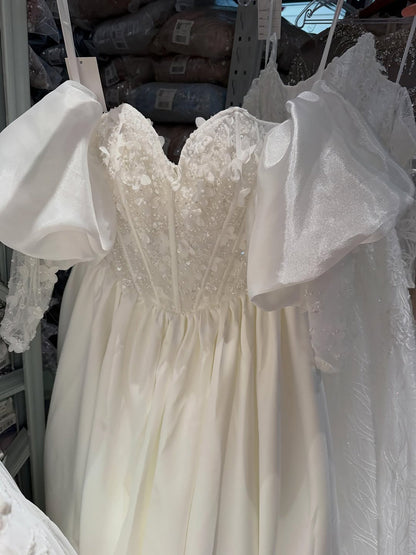 Luxury White Off Shoulder Beaded Basque Corset Puff Sleeve Dress HA2538