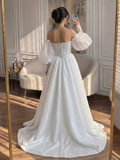 Luxury White Off Shoulder Beaded Basque Corset Puff Sleeve Dress HA2538