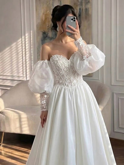 Luxury White Off Shoulder Beaded Basque Corset Puff Sleeve Dress HA2538