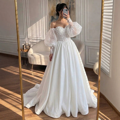 Luxury White Off Shoulder Beaded Basque Corset Puff Sleeve Dress HA2538