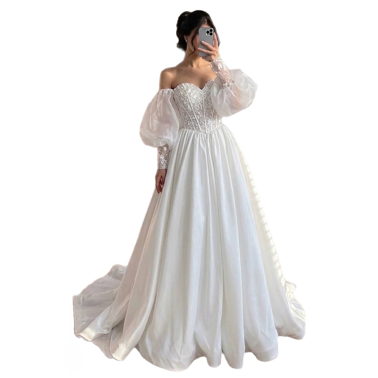 Luxury White Off Shoulder Beaded Basque Corset Puff Sleeve Dress HA2538