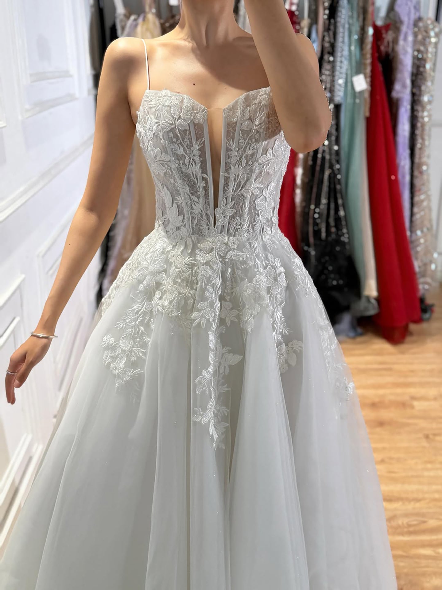 Luxury White Lace Spaghetti Straps Deep V-Neck Wedding Dress HA2540
