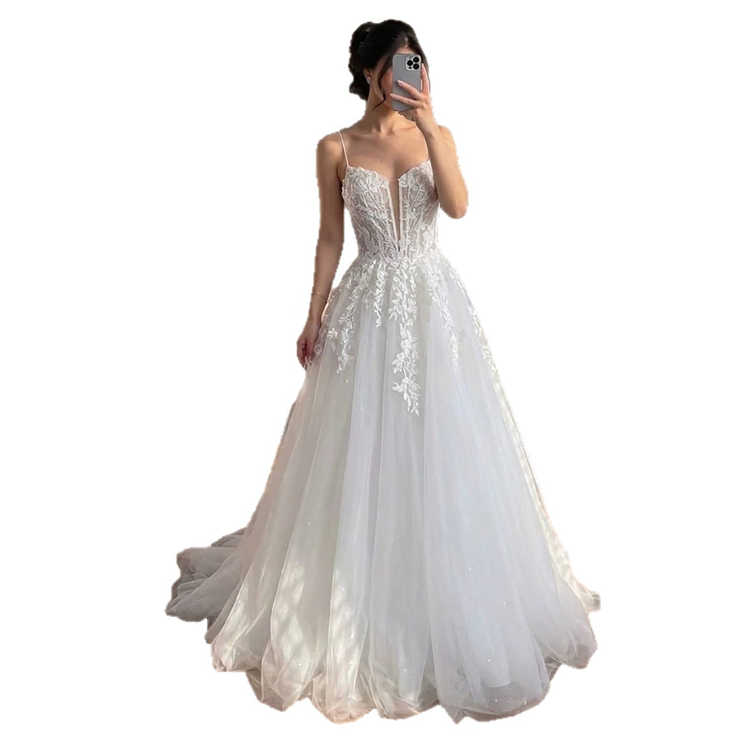 Luxury White Lace Spaghetti Straps Deep V-Neck Wedding Dress HA2540