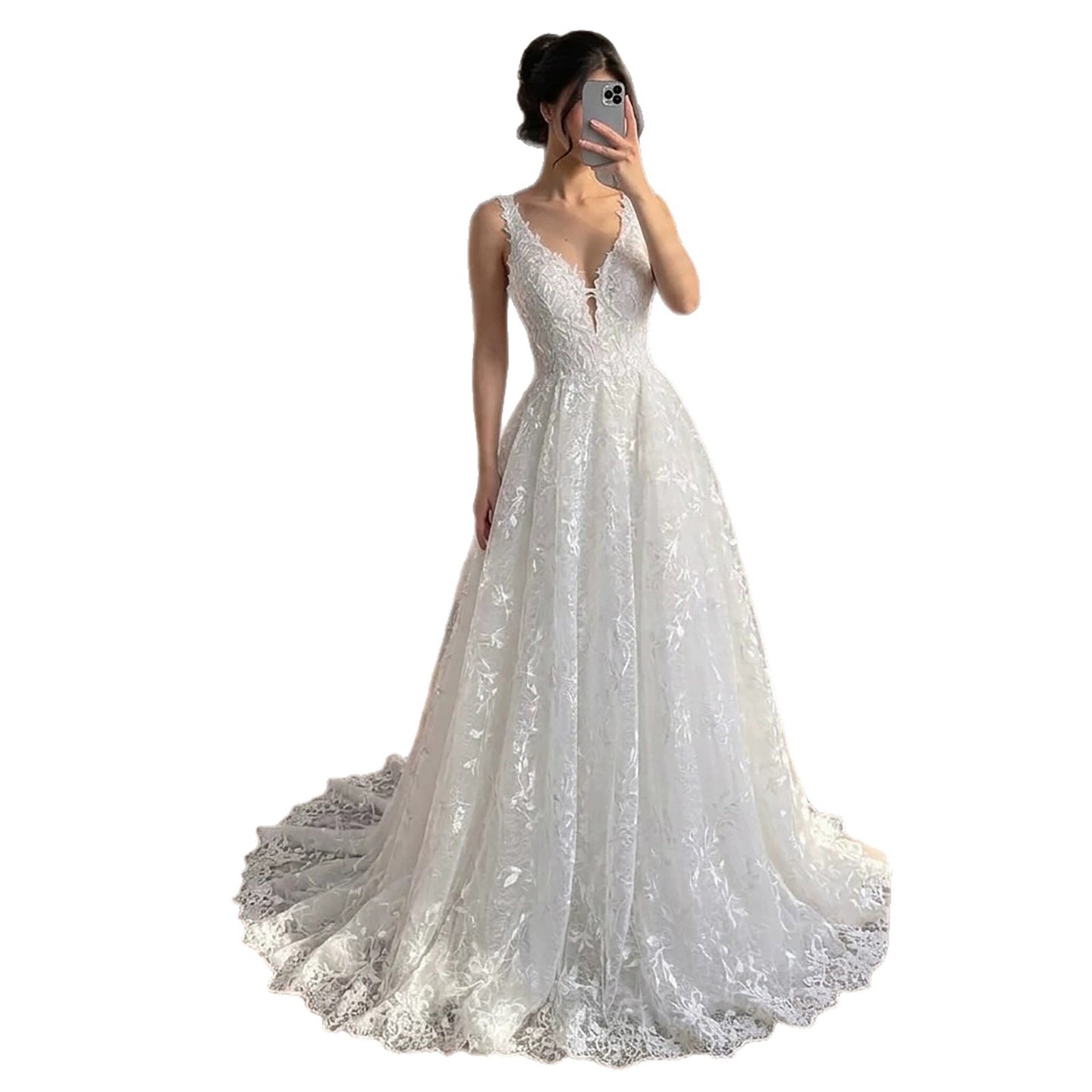 Luxury White Lace V-Neck Low Back Appliques A-Line Wedding Dress HA2541