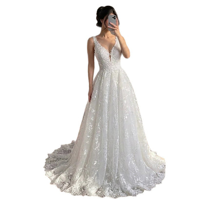Luxury White Lace V-Neck Low Back Appliques A-Line Wedding Dress HA2541