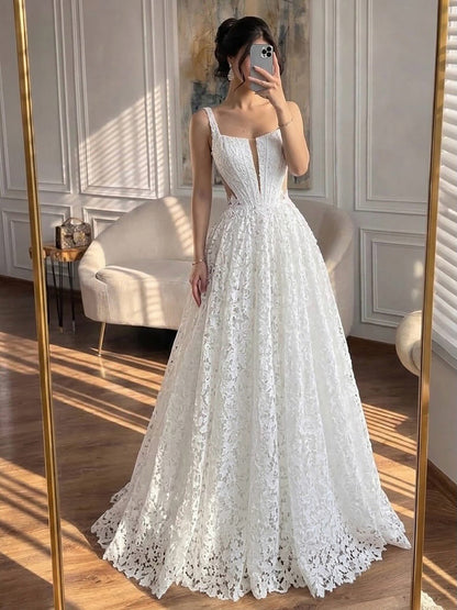 Luxury White Lace Square Neck Deep V Cutout A-Line Wedding Dress HA2543