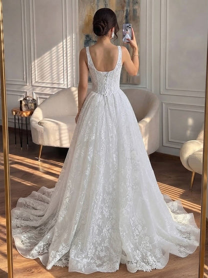 Luxury White Floral Lace A Line Wedding Dress HA2548