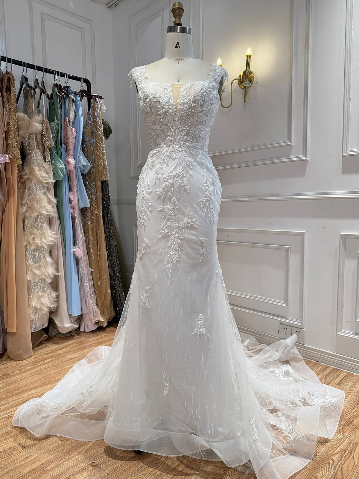 White Beaded Lace Cap Sleeve Mermaid Wedding Dress HA2558