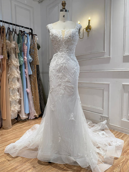 White Beaded Lace Cap Sleeve Mermaid Wedding Dress HA2558