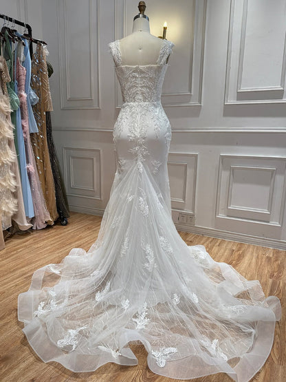 White Beaded Lace Cap Sleeve Mermaid Wedding Dress HA2558