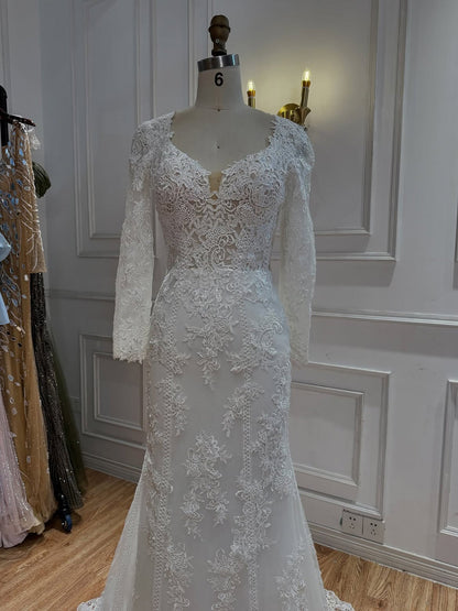 Elegant White Floral Lace Long Sleeve Mermaid Wedding Dress HA2559
