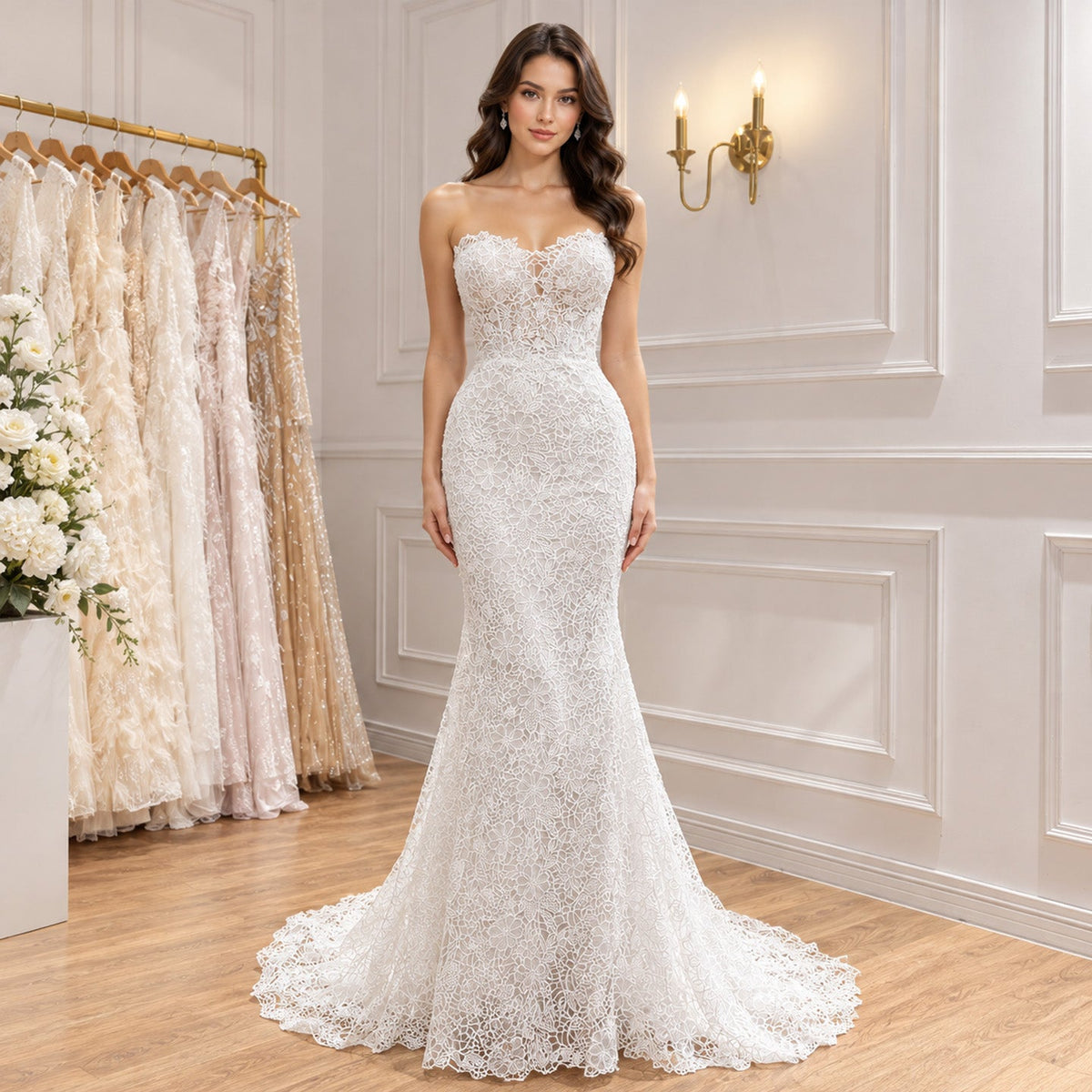 Elegant White Strapless Lace Mermaid Wedding Dress HA2560
