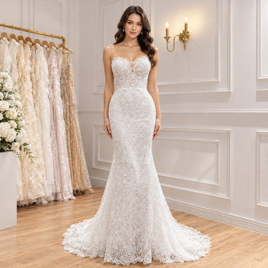 Elegant White Strapless Lace Mermaid Wedding Dress HA2560