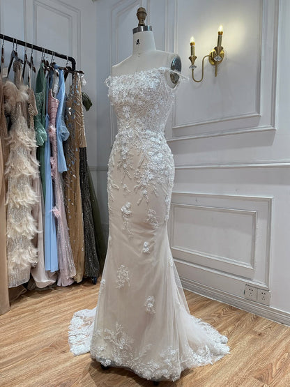 White Nude Lace Beaded Floral Mermaid Wedding Dress HA2562