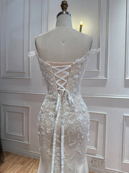 White Nude Lace Beaded Floral Mermaid Wedding Dress HA2562
