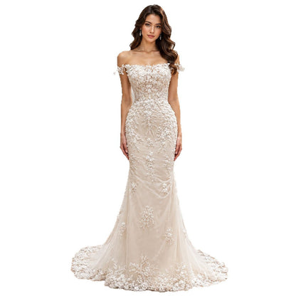 White Nude Lace Beaded Floral Mermaid Wedding Dress HA2562