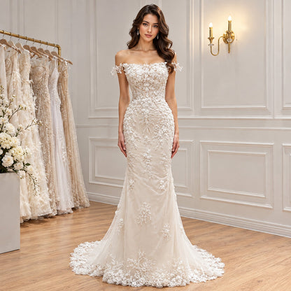 White Nude Lace Beaded Floral Mermaid Wedding Dress HA2562