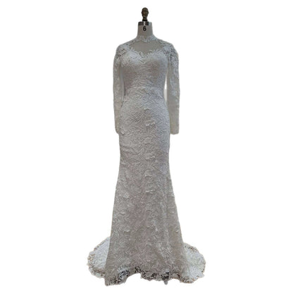 White High Neck Long Sleeve Lace Mermaid Bridal Gown HA2563