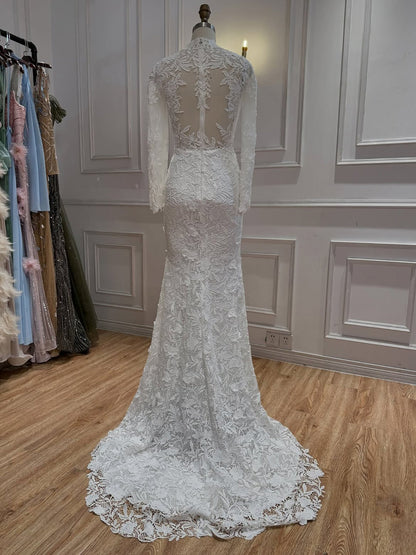 White High Neck Long Sleeve Lace Mermaid Bridal Gown HA2563