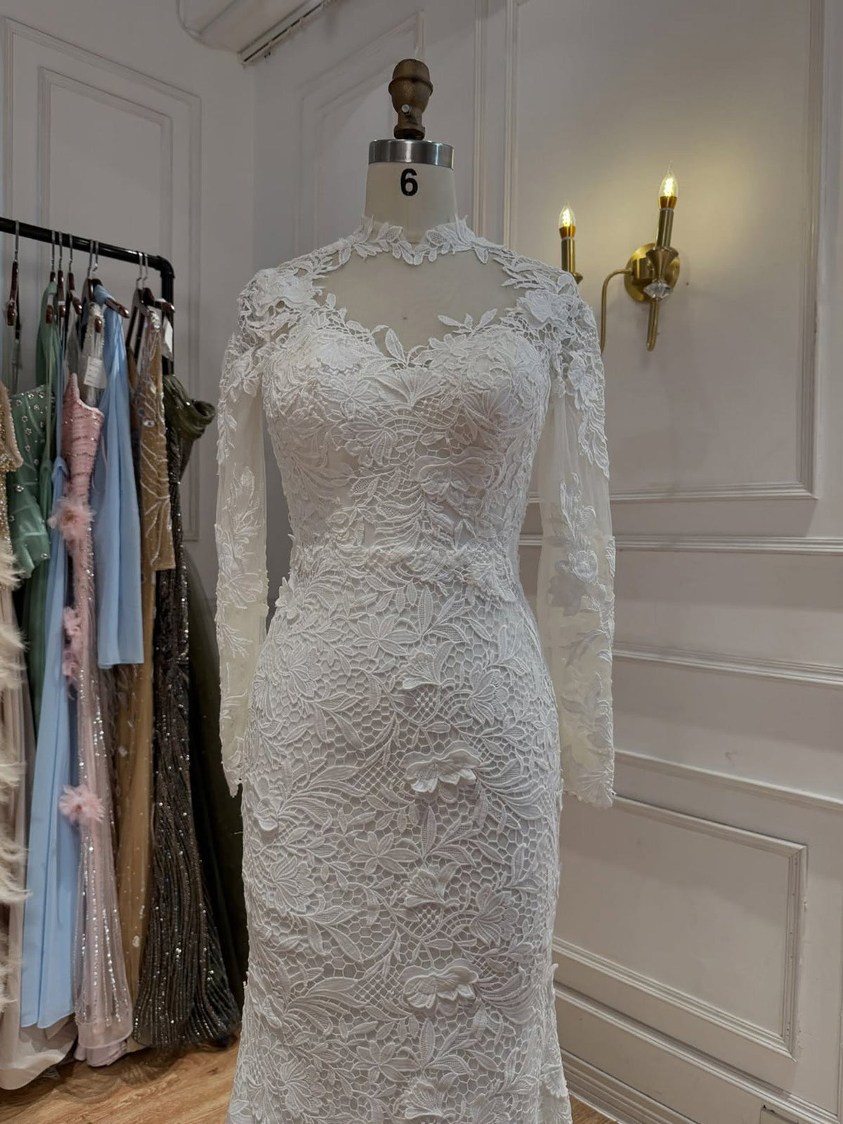 White High Neck Long Sleeve Lace Mermaid Bridal Gown HA2563