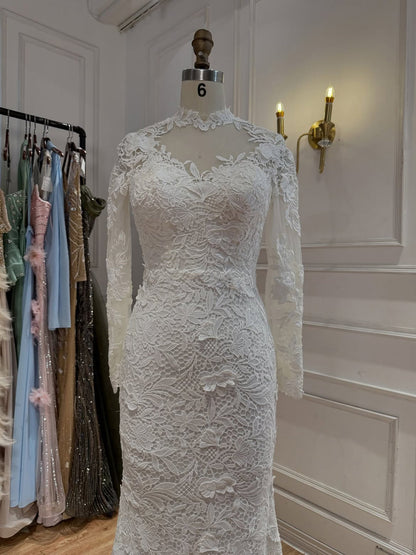 White High Neck Long Sleeve Lace Mermaid Bridal Gown HA2563