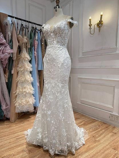 Elegant White Lace Off Shoulder Mermaid Wedding Dress HA2564