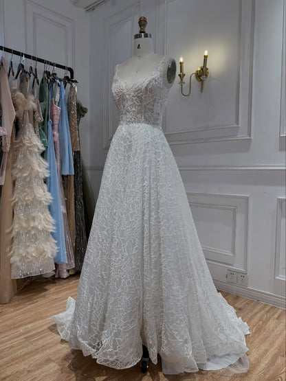 Luxury White Lace Spaghetti Strap A Line Wedding Dress HA2565