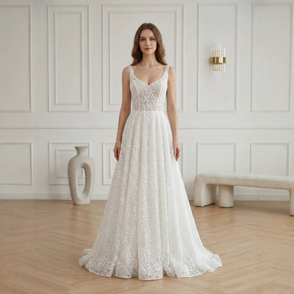 Luxury White Lace Spaghetti Strap A Line Wedding Dress HA2565