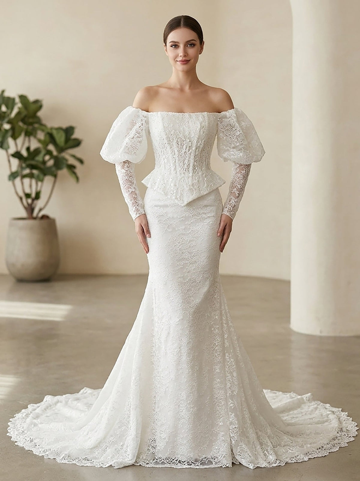 Vintage White Lace Mermaid Wedding Dress With Puff Sleeves HA2570