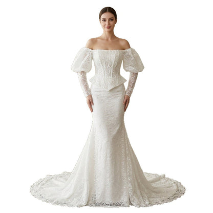 Vintage White Lace Mermaid Wedding Dress With Puff Sleeves HA2570