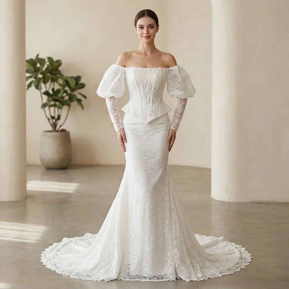 Vintage White Lace Mermaid Wedding Dress With Puff Sleeves HA2570