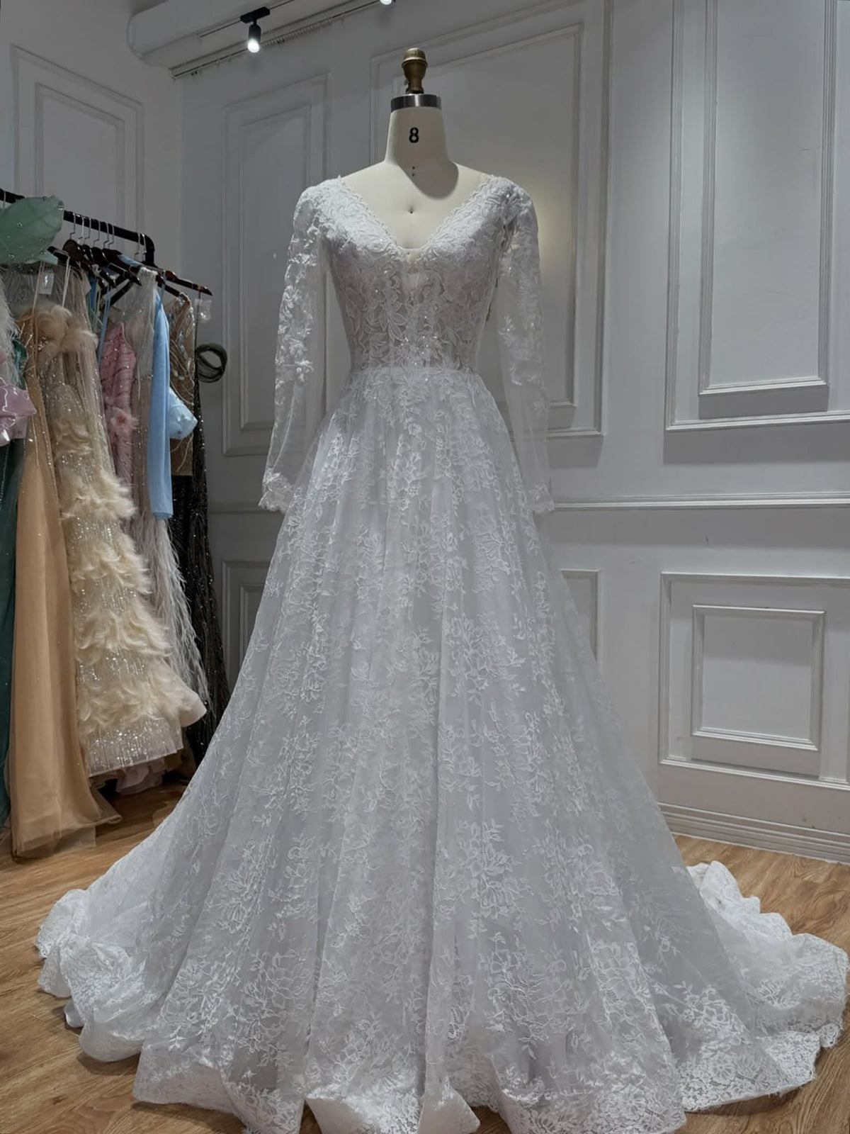 Elegant White Lace Long Sleeve V Neck Wedding Dress HA2581