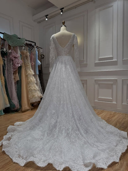 Elegant White Lace Long Sleeve V Neck Wedding Dress HA2581