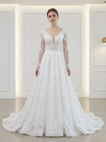 Elegant White Lace Long Sleeve V Neck Wedding Dress HA2581