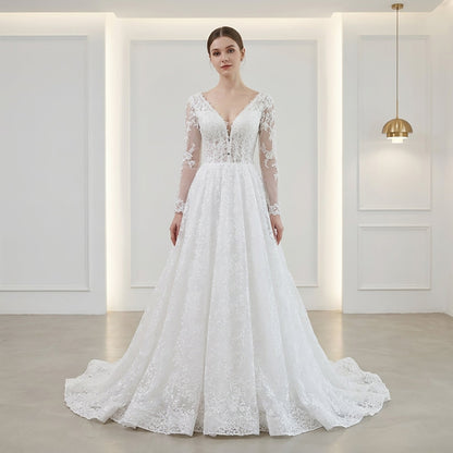 Elegant White Lace Long Sleeve V Neck Wedding Dress HA2581
