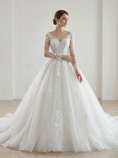 Romantic White Lace Long Sleeve Ball Gown Wedding Dress HA2582